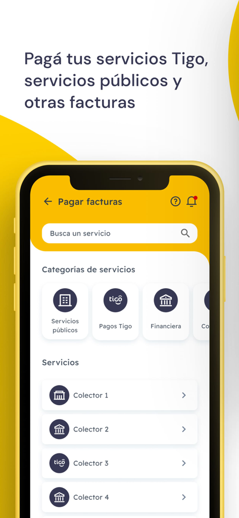 Billetera Tigo Money Paraguay - Oberfläche der Tigo Money Paraguay App, die den Bildschirm zur Rechnungszahlung mit Kategorien wie öffentliche Dienste und Tigo-Zahlungen zeigt.