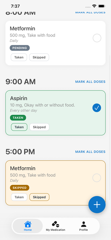 Daily Minder - Pantalla de la aplicación Daily Minder que muestra un horario de medicamentos diario con etiquetas de estado como Tomado y Omitido.
