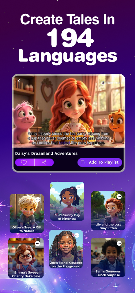 Storytime AI: Story Generator - A screen showing the ability to create tales in 194 languages with a gallery of diverse children's stories featuring characters of various ethnicities.
