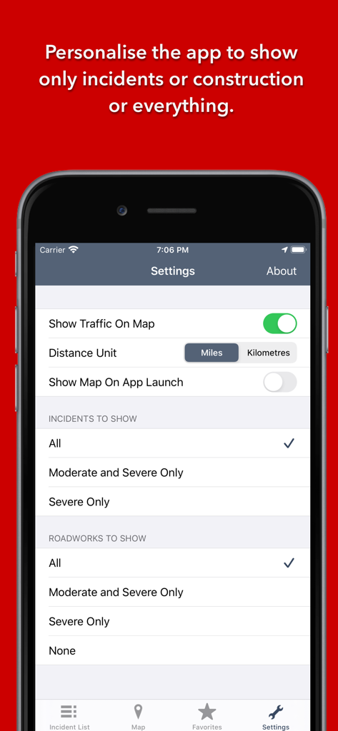 Settings interface of the Tennessee State Roads app showing options to filter traffic incidents and roadworks