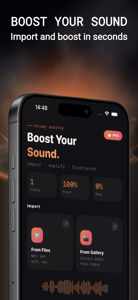 Bass & Volume Booster: Louder - Smartphone screen of Bass and Volume Booster app showing file and gallery audio import options