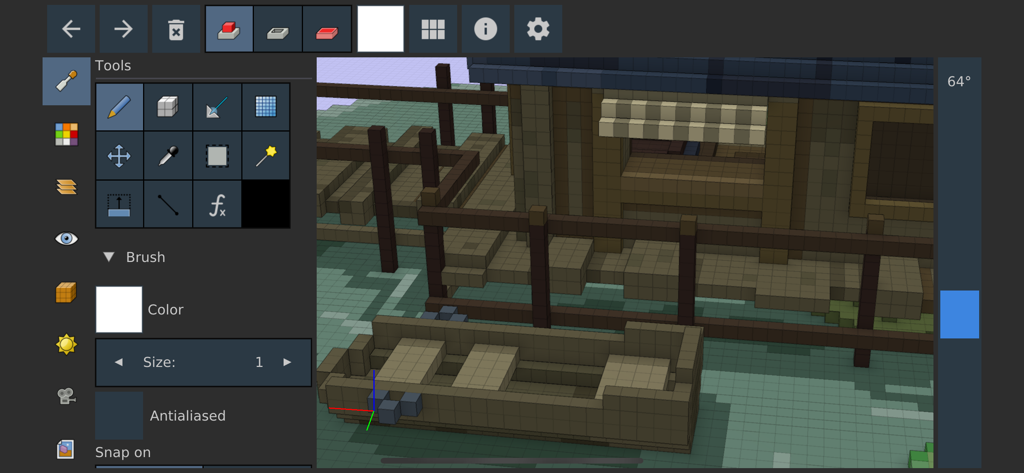Interface do Goxel 3D Voxel Editor mostrando ferramentas e uma cena voxel 3D de uma casa e um barco