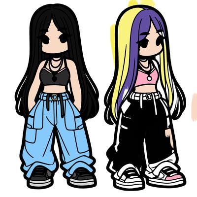 girl in baggy pants crop top and long hair