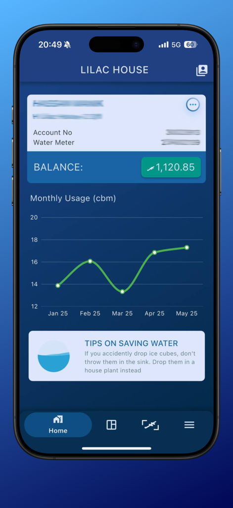 MWSC - MWSC app home screen showing account balance monthly water usage graph and water saving tips
