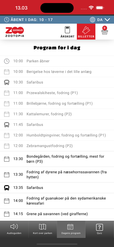 Givskud Zoo - Givskud Zoo app interface showing the daily schedule and activity times