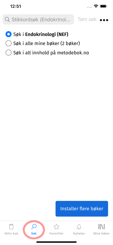 Metodebok - Search screen in the Metodebok medical app showing search scope options