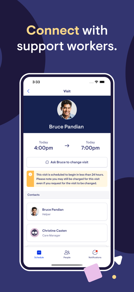 Lookout - Screenshot of the Lookout app showing scheduled care visit details and contact information for a support worker
