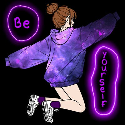 realistic girl jumping with a bun and oversized sweatshirt