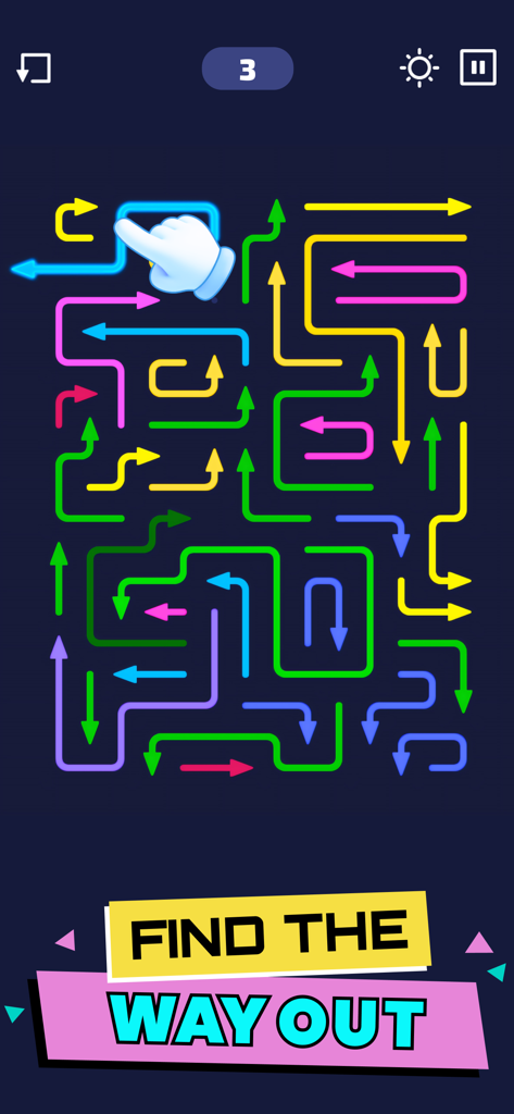 Una cuadrícula de rompecabezas minimalista con flechas de neón de colores sobre un fondo oscuro y un puntero de mano indicando el movimiento