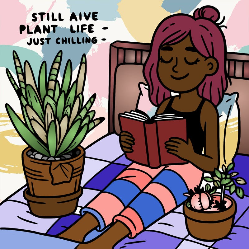 still alive plant life just chilling, girl reading book on bed