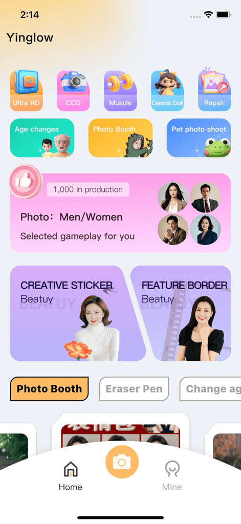 Schermata principale dell'app YingLow che mostra filtri fotografici creativi e strumenti di editing