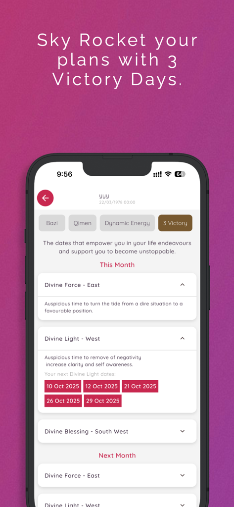 A screenshot of the Intuchi app displaying auspicious Victory Days for strategic planning.