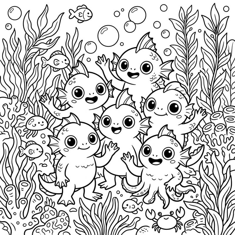 Explore a delightful underwater world filled with friendly Eldritch Deep Ones and charming sea creatures. This engaging coloring page is perfect for kids to spark their imagination and creativity.