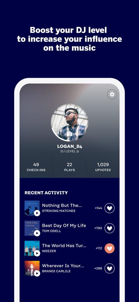 Rockbot - Request Music - Pantalla del perfil de usuario de la app Rockbot mostrando el nivel de DJ, check-ins, votos positivos y actividad reciente
