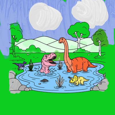 a dinosaur at the bottom of the picture in a pond it should be a small dinosaur and a t. rex and a brontosaurus and one baby dinosaur with three horns