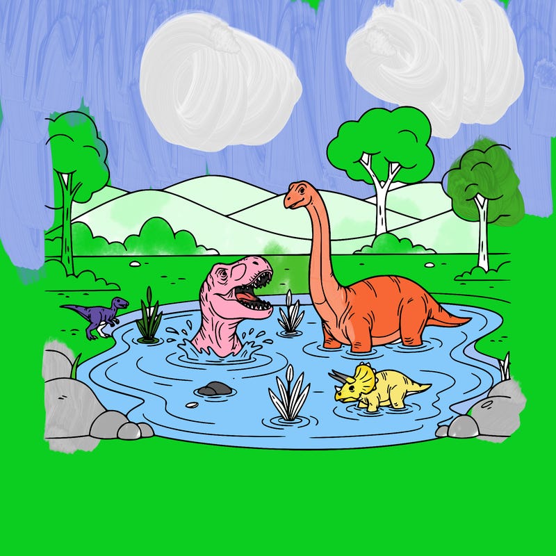 a dinosaur at the bottom of the picture in a pond it should be a small dinosaur and a t. rex and a brontosaurus and one baby dinosaur with three horns