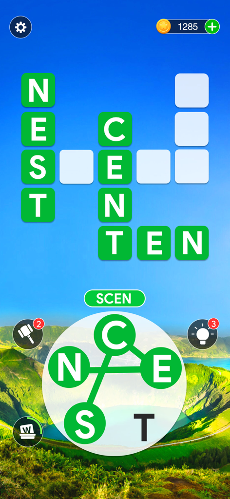 Gameplay des Wortspiels Crossword Journey mit einer malerischen grünen Berg- und Seenlandschaft im Hintergrund