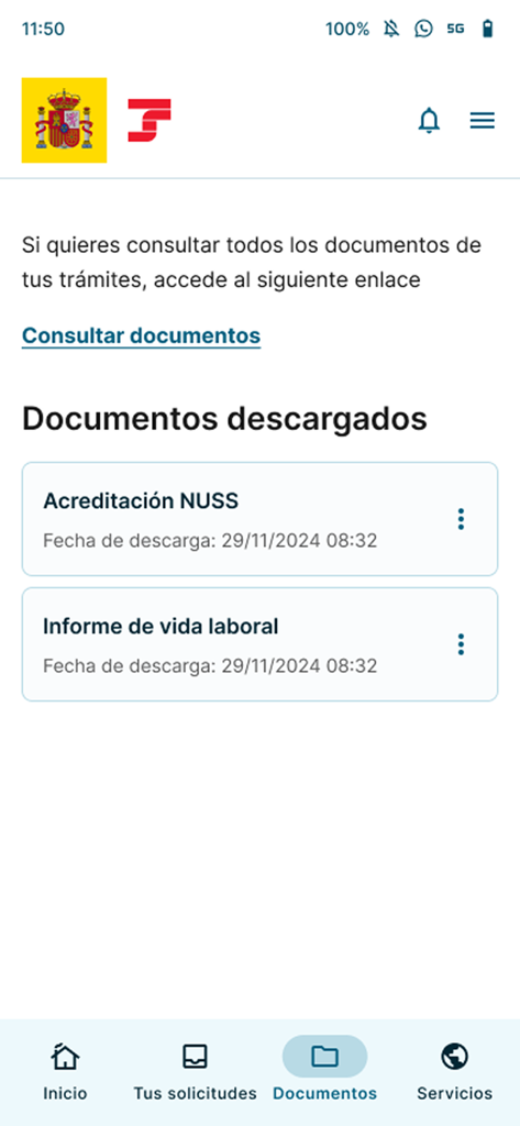 Screen showing downloaded documents in the Importass app like work history report and NUSS accreditation