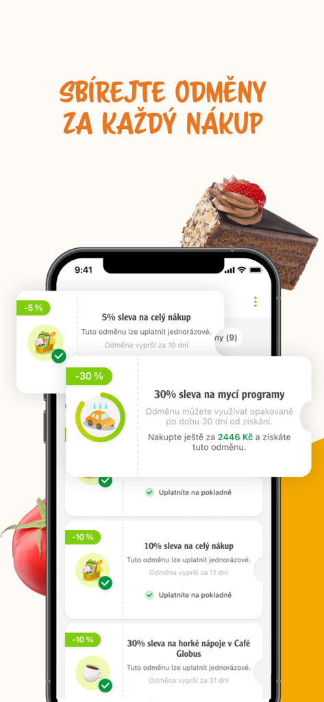 Muj Globus app screen showing various digital discount coupons and loyalty rewards
