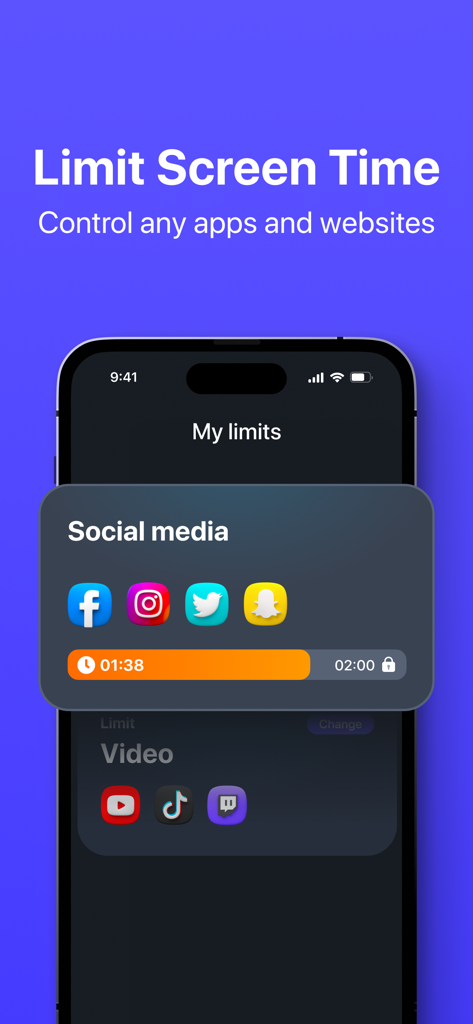 ANKO app interface showing daily usage limits for social media and video categories