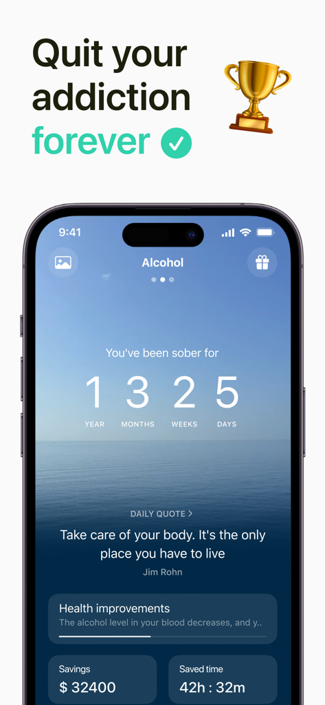 Oberfläche der Nüchternheitstracker-App Clean Day, die die Zeit der Nüchternheit von Alkohol mit Ersparnissen und täglichen Zitaten anzeigt
