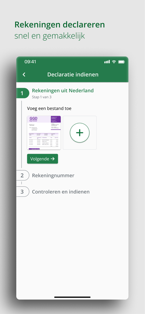 MijnDSW - MijnDSW app interface showing the first step of submitting a medical claim by uploading an invoice