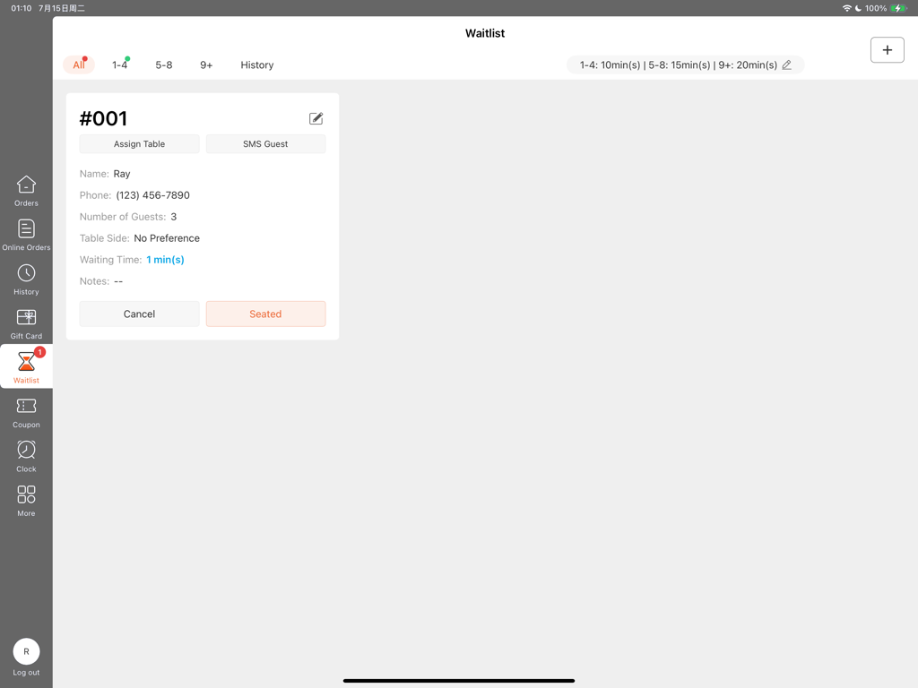 Shop POS - Station - Interfaz de gestión de lista de espera de Shop POS Station en un iPad que muestra detalles de clientes y opciones de asignación de asientos