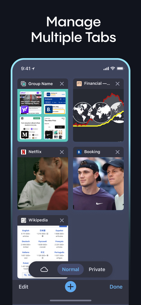 일반 및 프라이빗 모드에서 여러 탭을 관리하기 위한 Aloha 브라우저의 인터페이스.