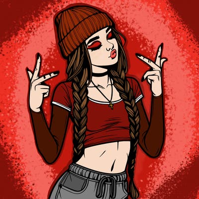 realistic teenage girl with braids and a beanie and crop top doing 🫶🏼