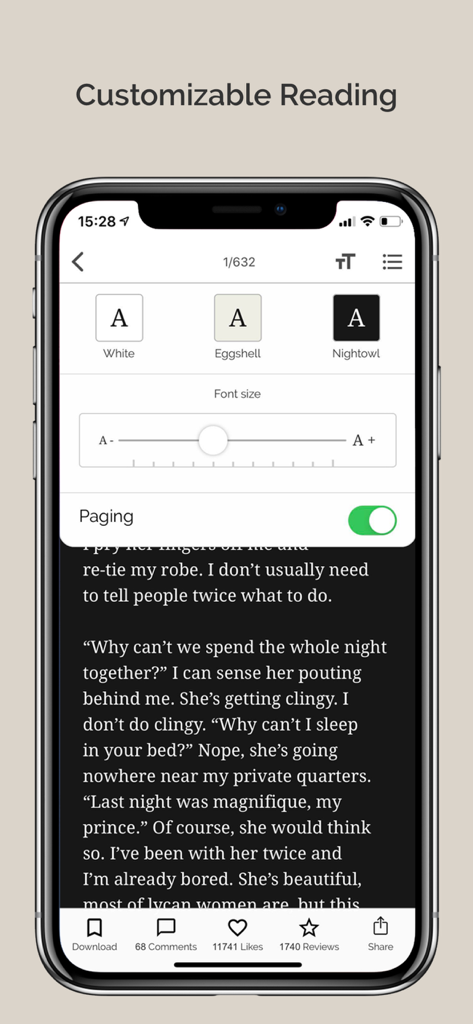 Smartphone screen showing the Inkitt app customizable reading settings including font size and night mode.
