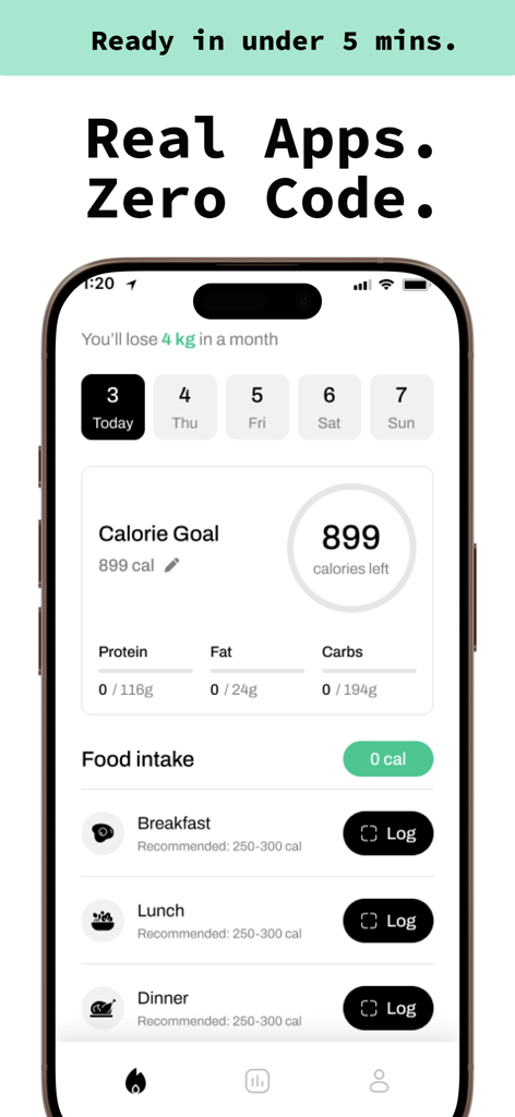Una interfaz de aplicación de seguimiento de calorías construida con la plataforma App Maker AI vibe code
