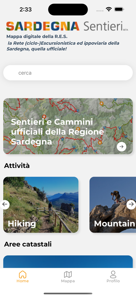 Sardegna Sentieri - Home screen of the Sardegna Sentieri app displaying official hiking and mountain biking trails in Sardinia