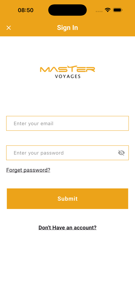 Master Voyages - Sign in screen for the Master Voyages travel app with email and password fields