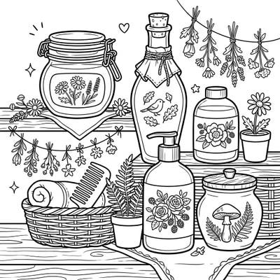 Discover the serene beauty of our Cottagecore Conditioners coloring page, where natural ingredients and rustic charm blend seamlessly. This delightful illustration invites you to add vibrant colors to an array of beautifully designed haircare products in a whimsical setting.