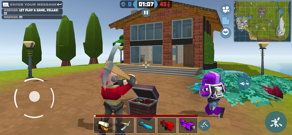 Personaggio pixel art con un piccone in piedi vicino a uno scrigno del tesoro e una casa in Mad GunS.