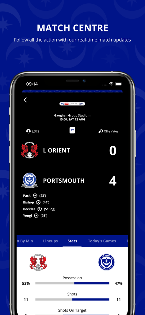Portsmouth FC - Portsmouth FC Official App Match Centre screen showing live scores and game statistics.