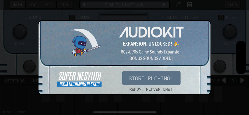 SNESynth: Chiptune Power! - A popup in the SNESynth app announcing the unlocked 80s and 90s game sounds expansion with a ninja character.