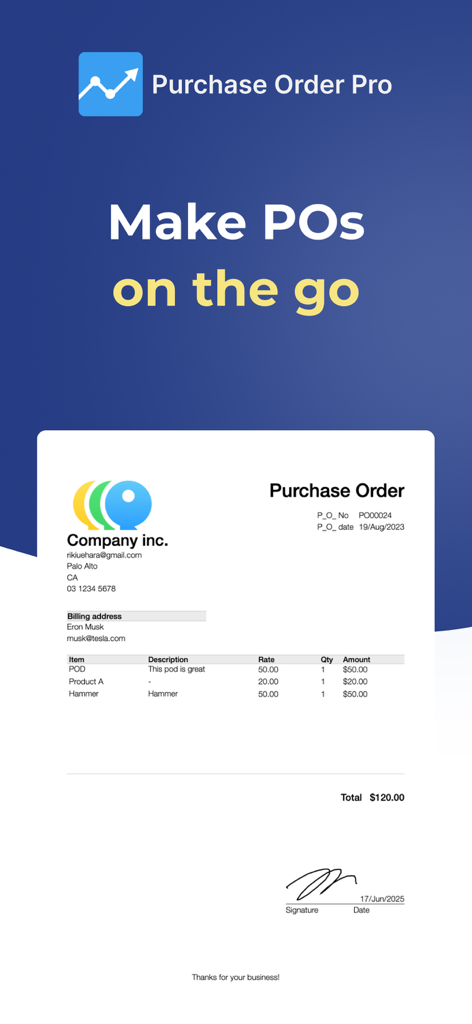 Purchase Order PRO - PO Maker - A professional purchase order template with signature and company details on a mobile app screen