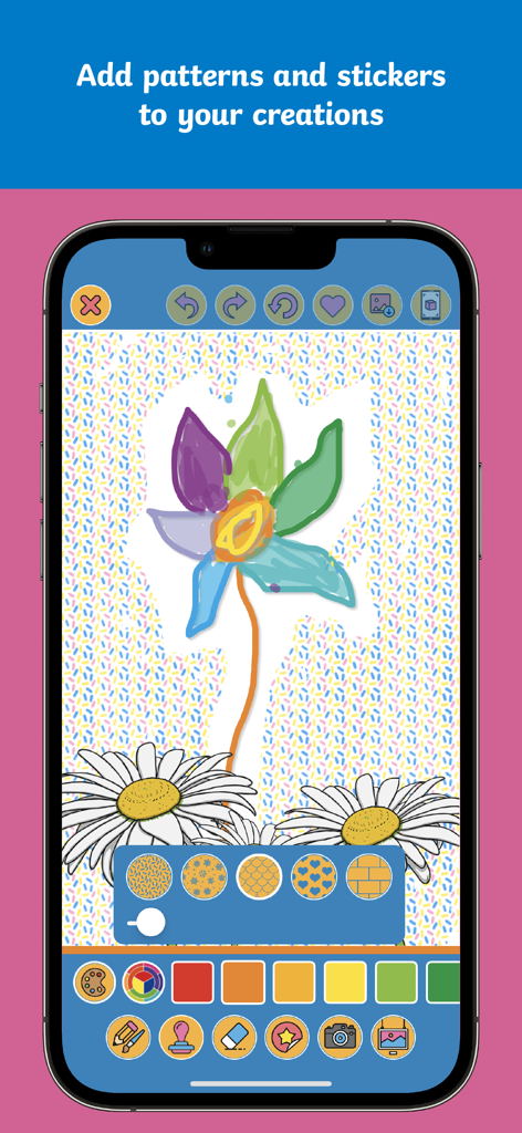 Twinkl ARt Studio - Twinkl ARt Studio interface showing a child's flower drawing with options to add patterns and stickers.