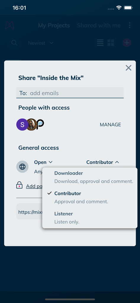 Mixup.audio - Diálogo de compartir de la aplicación Mixup.audio que muestra roles y permisos de usuario.