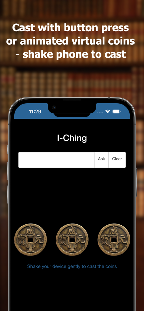 I-Ching App of Changes - Smartphone screen displaying the I-Ching app with three virtual coins for casting a reading