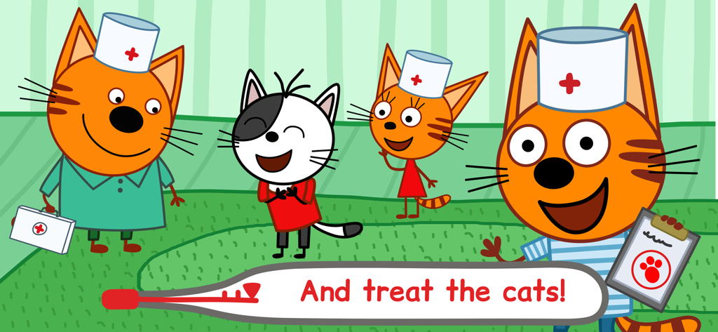 Kid-E-Cats characters dressed as doctors and nurses ready to treat patients