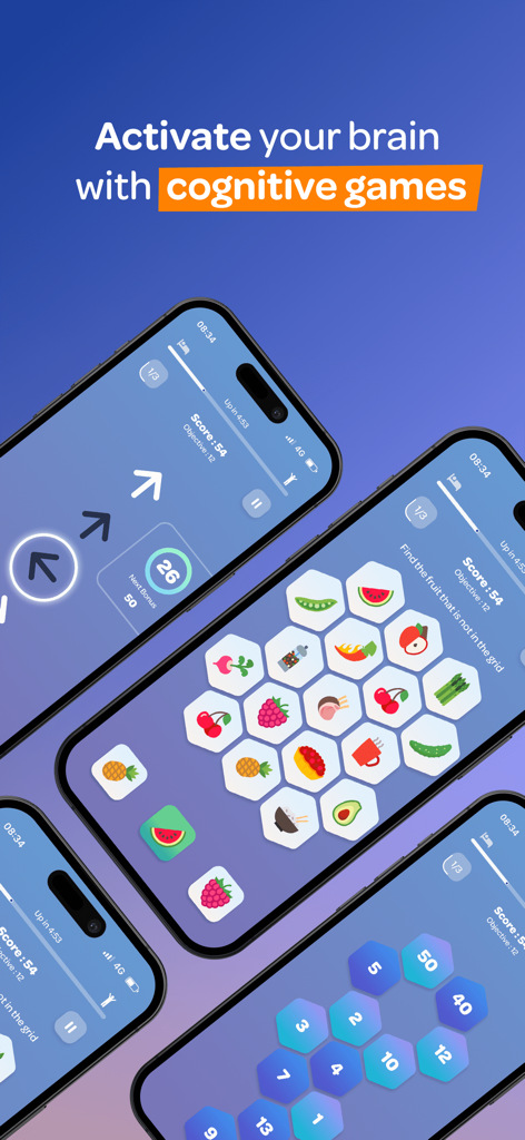 Personal Morning Routine WayUp - Smartphone screens showing various cognitive brain games to activate the mind in the morning