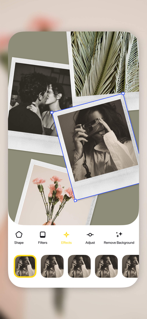 Mobile App-Oberfläche von Clay, die eine Fotocollage mit Polaroid-Rahmen und Bildbearbeitungseffekten zeigt