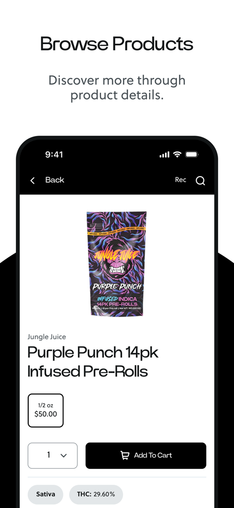 JARS Cannabis mobile app interface showing a product detail page for pre-rolls with an add to cart button