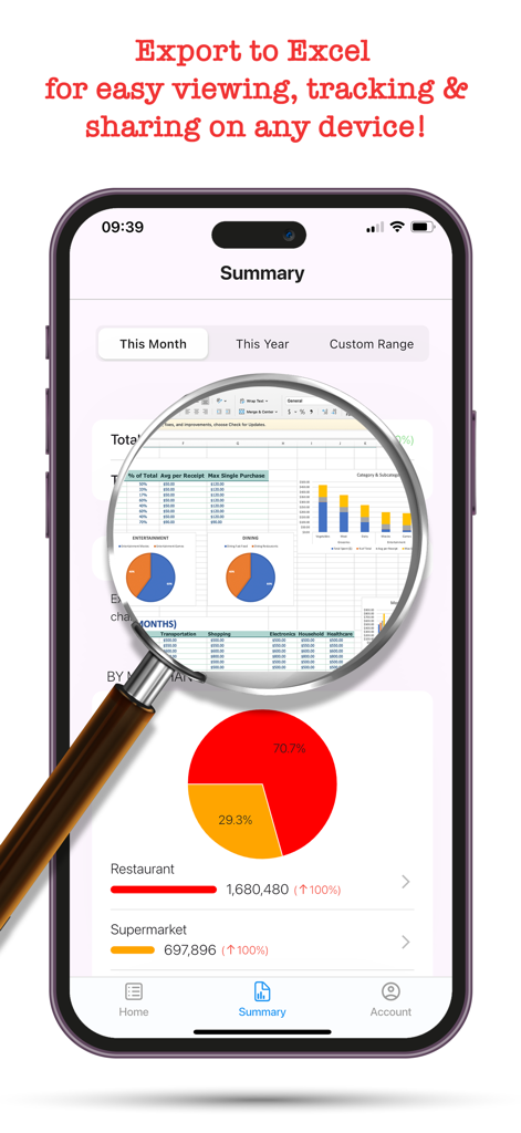 Receipt Pro: AI Scanner - 지출 차트와 Excel 내보내기 기능을 보여주는 Receipt Pro 요약 대시보드