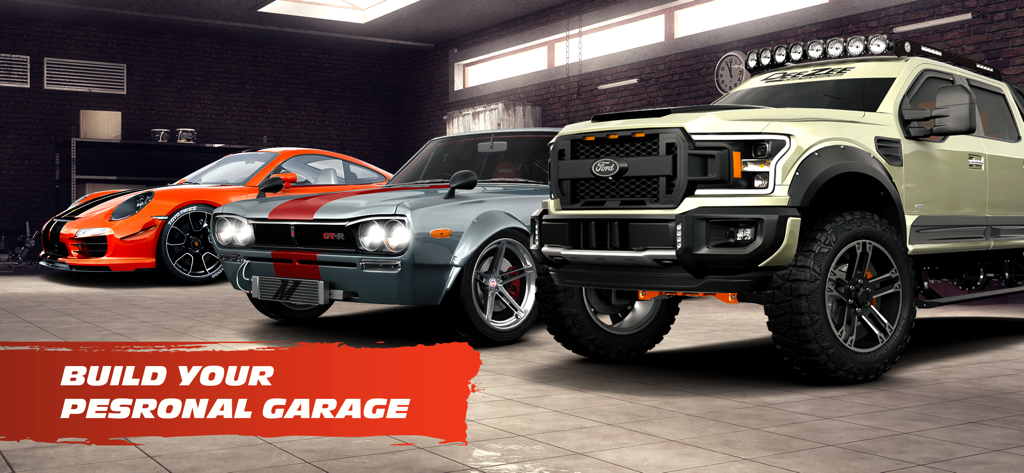 A virtual garage featuring a customized sports car classic car and pickup truck