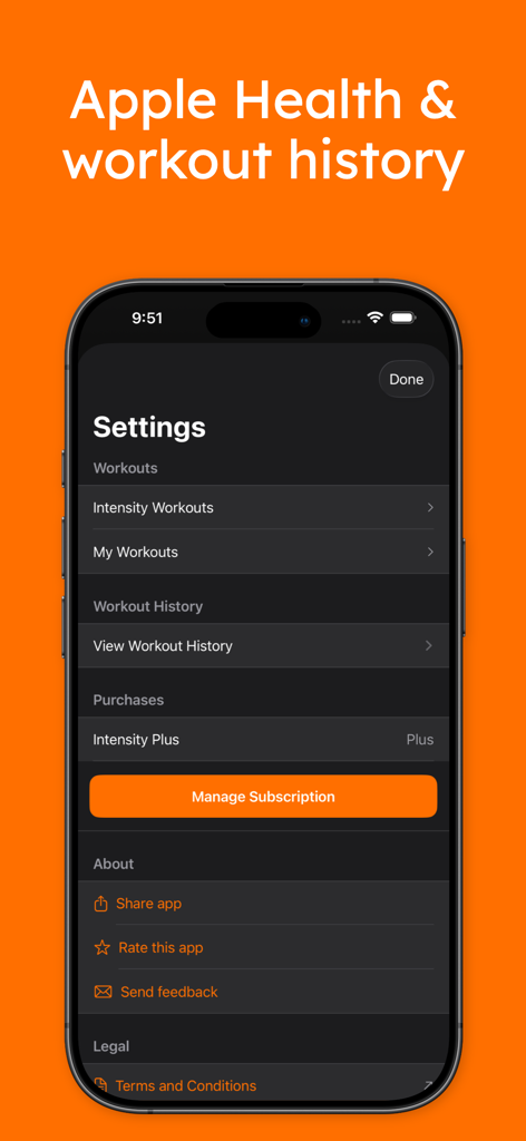 Interval Timer Tabata Workout - O menu de configurações do aplicativo Interval Timer mostrando a integração com o Apple Health e o histórico de treinos.