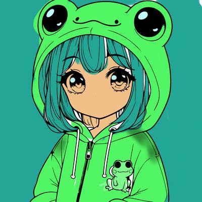 cute realistic girl in a froggy hoodie