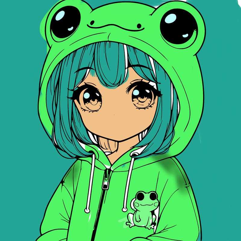 cute realistic girl in a froggy hoodie